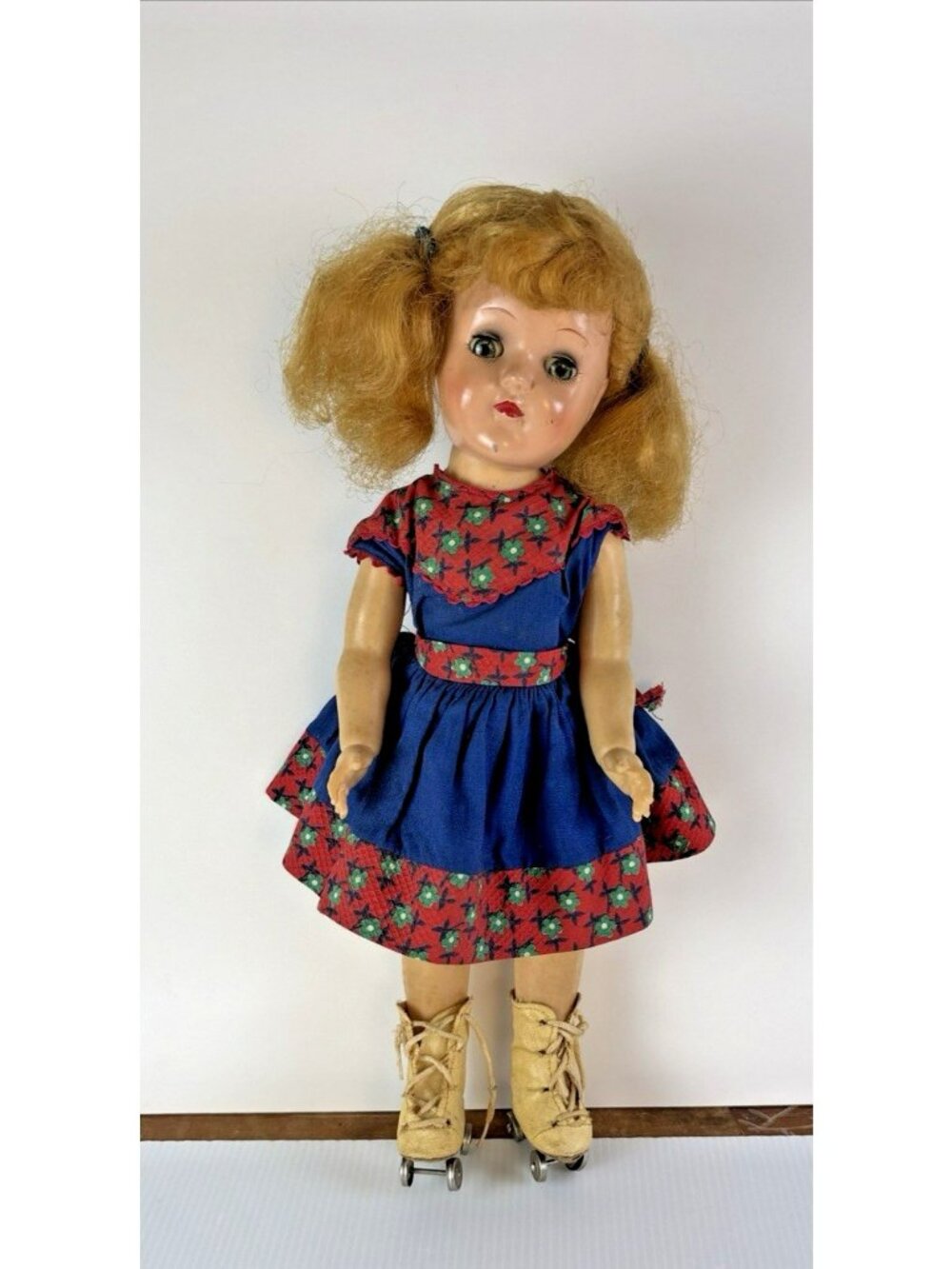 Ideal 1950s Red Hair Doll 15" Plastic Strung w/Orig Dress, roller skates USA